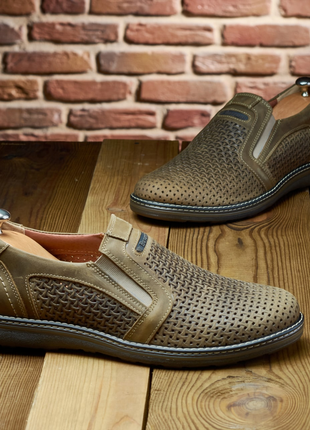 Летние оливковые мужские дышащие туфли кожаные с перфорацией,натуральная кожа-мужская...