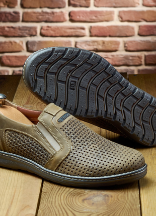 Летние оливковые мужские дышащие туфли кожаные с перфорацией,натуральная кожа-мужская...