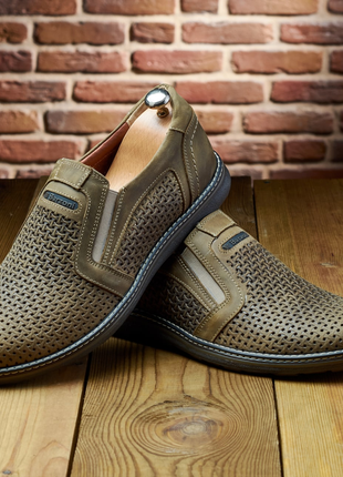 Летние оливковые мужские дышащие туфли кожаные с перфорацией,натуральная кожа-мужская...