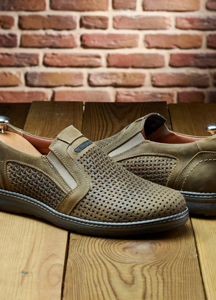 Летние оливковые мужские дышащие туфли кожаные с перфорацией,натуральная кожа-мужская...