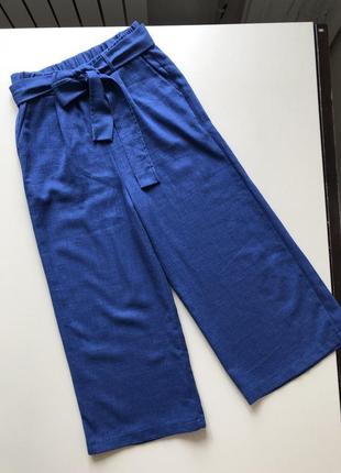 Брюки кюлоти широкі сині під льон вільні штани широкі укорочені2 фото