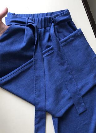 Брюки кюлоти широкі сині під льон вільні штани широкі укорочені3 фото