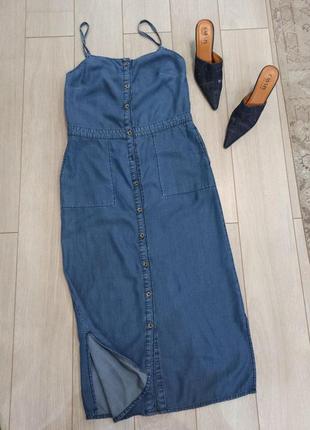 Сарафан джинсовий міді синій колір, з розрізами на бретелях, warehouse