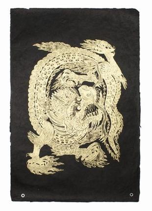 Панно дракон лу рисовий папір ручний друк 75х50 см фон чорний ...