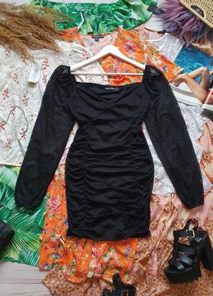 Вечірня приталена сукня сітка з широкими фатиновими прозорими рукавами6 фото