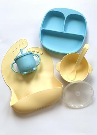 Набір дитячого посуду з харчового силікону жовто-блакитний 6 п...3 фото
