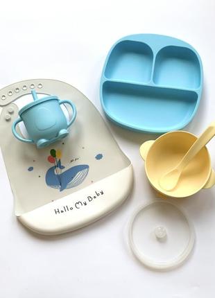 Набір дитячого посуду з харчового силікону жовто-блакитний 6 п...7 фото