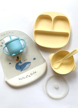 Набір дитячого посуду з харчового силікону жовто-блакитний 6 п...9 фото