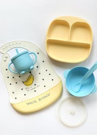 Дитячий посуд на присоску силіконовий жовто-блакитний для перш...