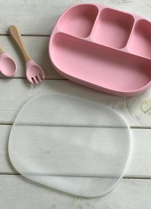 Дитяча секційна силіконова тарілка на присосці з кришкою