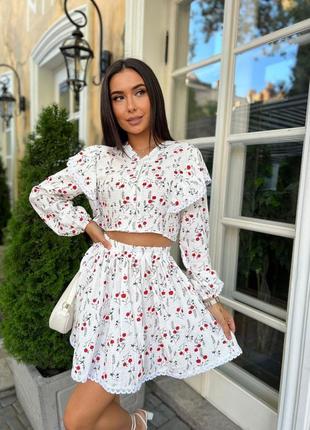 Костюм с юбкой хлопковый из муслина белый база кофта рубашка кофточка топ с оборками юбка короткая мини солнце колокольчик трапеция расклешенная