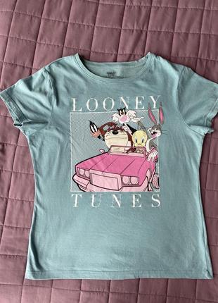 Трендовая мятная бирюзовая футболка с мультяшным принтом looney tunes от primark2 фото