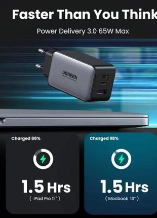 Зарядное устройство ugreen 3xusb 65 w gan (2xusb-c+usb-a) cd2442 фото