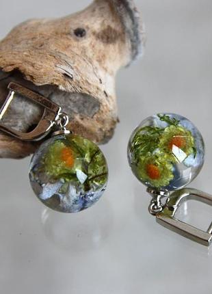 Серьги-шарики с сухоцветами в ювелирной смоле.8 фото