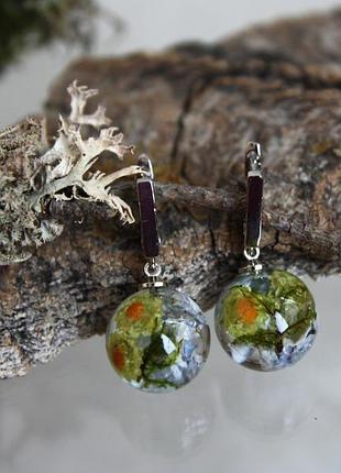 Серьги-шарики с сухоцветами в ювелирной смоле.6 фото