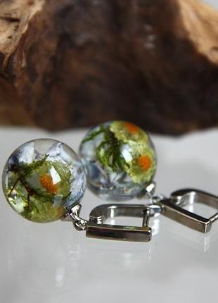 Серьги-шарики с сухоцветами в ювелирной смоле.9 фото