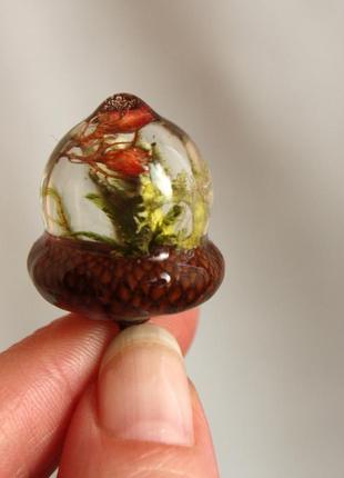 Кулон-жолуд з ягелем, мохом та бутонами вишні в епоксидній смолі4 фото