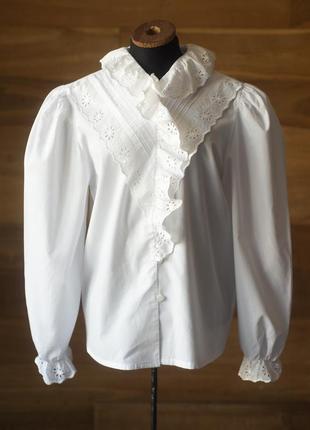 Белая винтажная блузка с прошвой женская, размер m, l