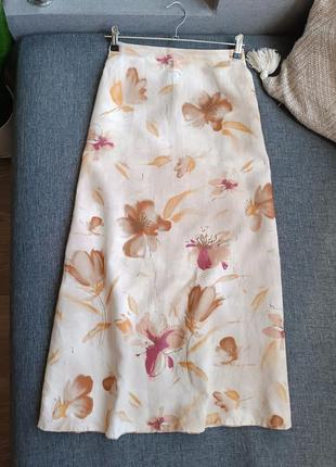 Бежевая длинная юбка в цветочный принт полу лён2 фото