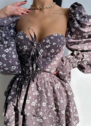 Шоколадное мини платье в цветочный принт с пышной юбкой и чашкой пуш xs s m 42 44 462 фото