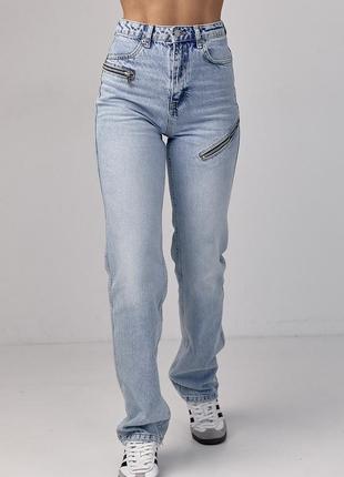 Женские джинсы с молниями на высокой посадке голубые1 фото