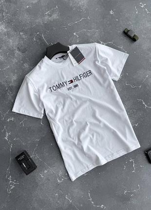 Чоловіча футболка tommy hillfiger на весну у білому кольорі premium якості, стильна та зручна футболка на кожен день