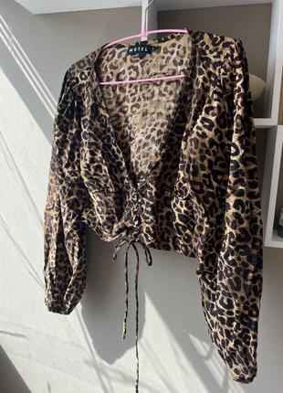 Леопардова блуза з відкритим декольте на зав'язках коричнева насичений колір лонгслів кроп топ з об'ємними рукавами motel4 фото