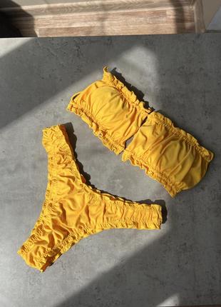 Трендовый купальник с квадратными шторками рюши раздельный желтый 💛 shein яркий на завязках2 фото