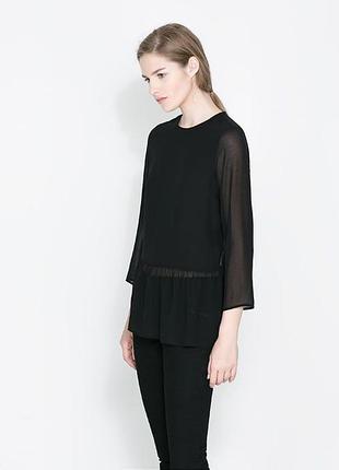 Черная шифоновая блузка zara с оборками прозрачная блуза зара нарядная