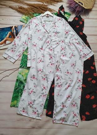Натуральная коттоновая цветочная пижама для сна штаны брюки и рубашка5 фото