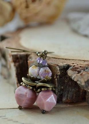 Сережки з родонітом, рожеві сережки, сережки з натуральним камінням, родонитовые сережки, ніжні жіночі сережки3 фото