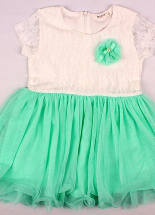 Качественное натуральное праздничное платье для девочки с коротким рукавом кремово - мятное турция