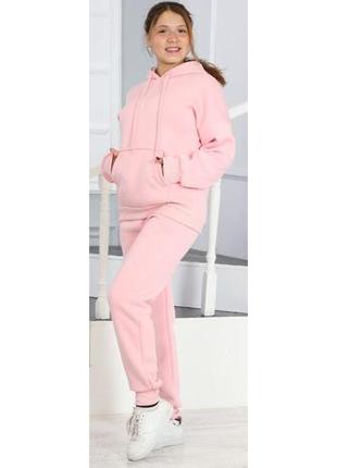 Теплый натуральный спортивный костюм для девочки светло-розовый: худи + брюки турция