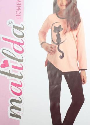 Качественная натуральная пижама для девочки с длинным рукавом персиковая/темно-синяя турция