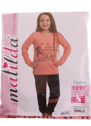 Качественная натуральная пижама для девочки хлопковая с длинным рукавом персиковая/серая турция