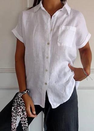 Женская льняная рубашка застежка пуговицы короткий рукав1 фото