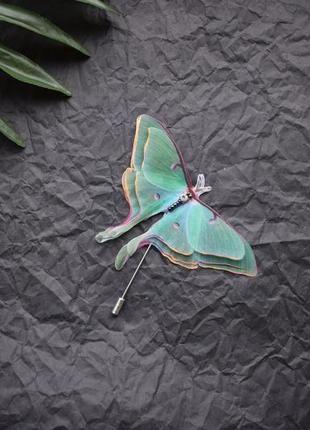 Брошь бабочка , зеленая брошь с шелковой бабочкой , брошь булавка2 фото