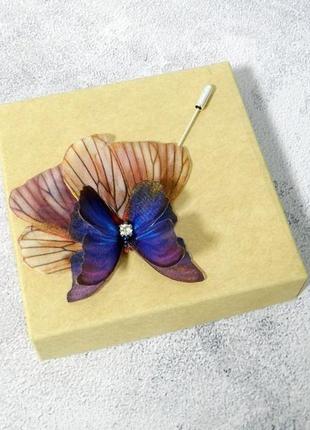 Фіолетова брошка булавка , брошка з шовкової метеликом , брошка метелик6 фото