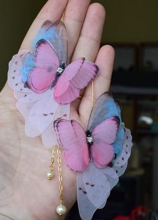 Серьги свадебные с бабочками , асимметричные  розовые серьги4 фото