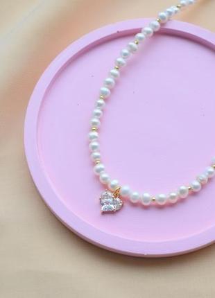 Перлинне кольє з серцем, перлинний чокер для дівчини.