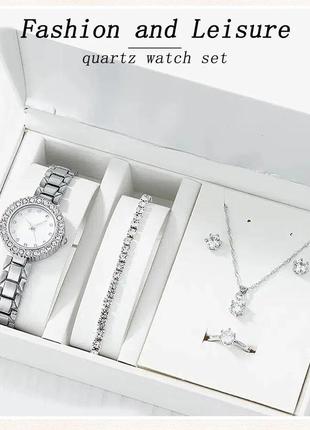 Подарунковий набір для жінок 6 в 1: розкішний годинник "crown", браслет, сережки, кулон із ланцюжком, кільце