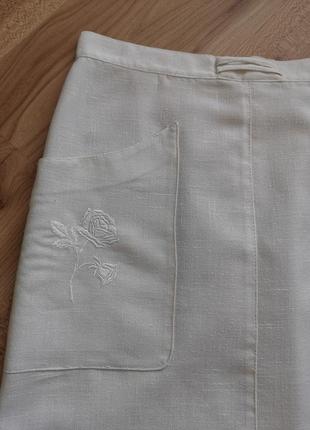 Юбка льняная белоснежная с карманом с вышивкой юбка3 фото