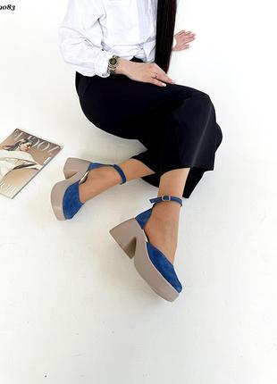 Стильные замшевые туфли на утолщенных каблуках платформе синие джинс с квадратным носиком7 фото