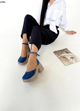 Стильные замшевые туфли на утолщенных каблуках платформе синие джинс с квадратным носиком