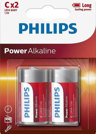 Philips батарейка power alkaline лужна c(lr14) блістер, 2 шт