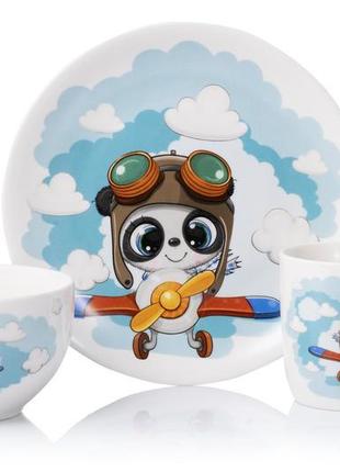 Ardesto set of children's dishes panda pilot, 3 pcs., new bone...