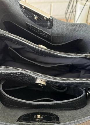 Женская кожаная сумка рептилия стиль зара черная, сумочка из натуральной кожи крокодил черный9 фото
