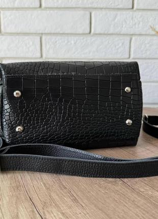 Женская кожаная сумка рептилия стиль зара черная, сумочка из натуральной кожи крокодил черный6 фото