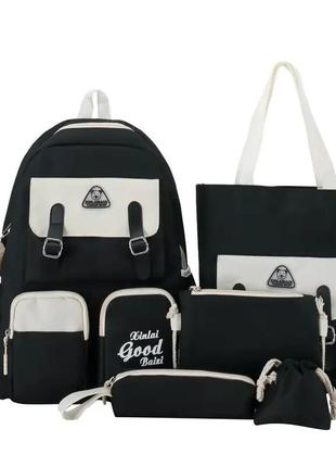 Стильный набор 5в1 jingpin для подростка. рюкзак, сумка, мини сумка, пенал, мешочек. черный.2 фото
