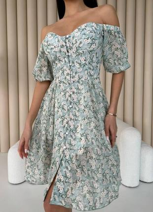 Накладний платіж ❤ м'ятна шифонова сукня бюстьє на ґудзиках в квітковий принт